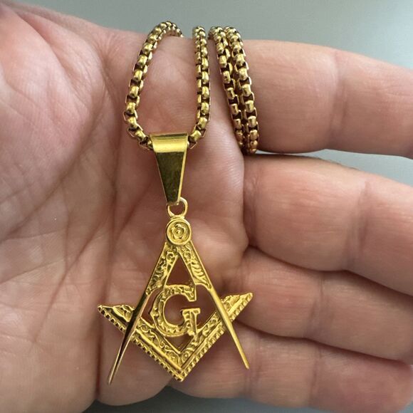 Men's Free Mason Stainless Steel Freemason Symbol Masonic Pendant Chain Gold - Picture 5 of 6